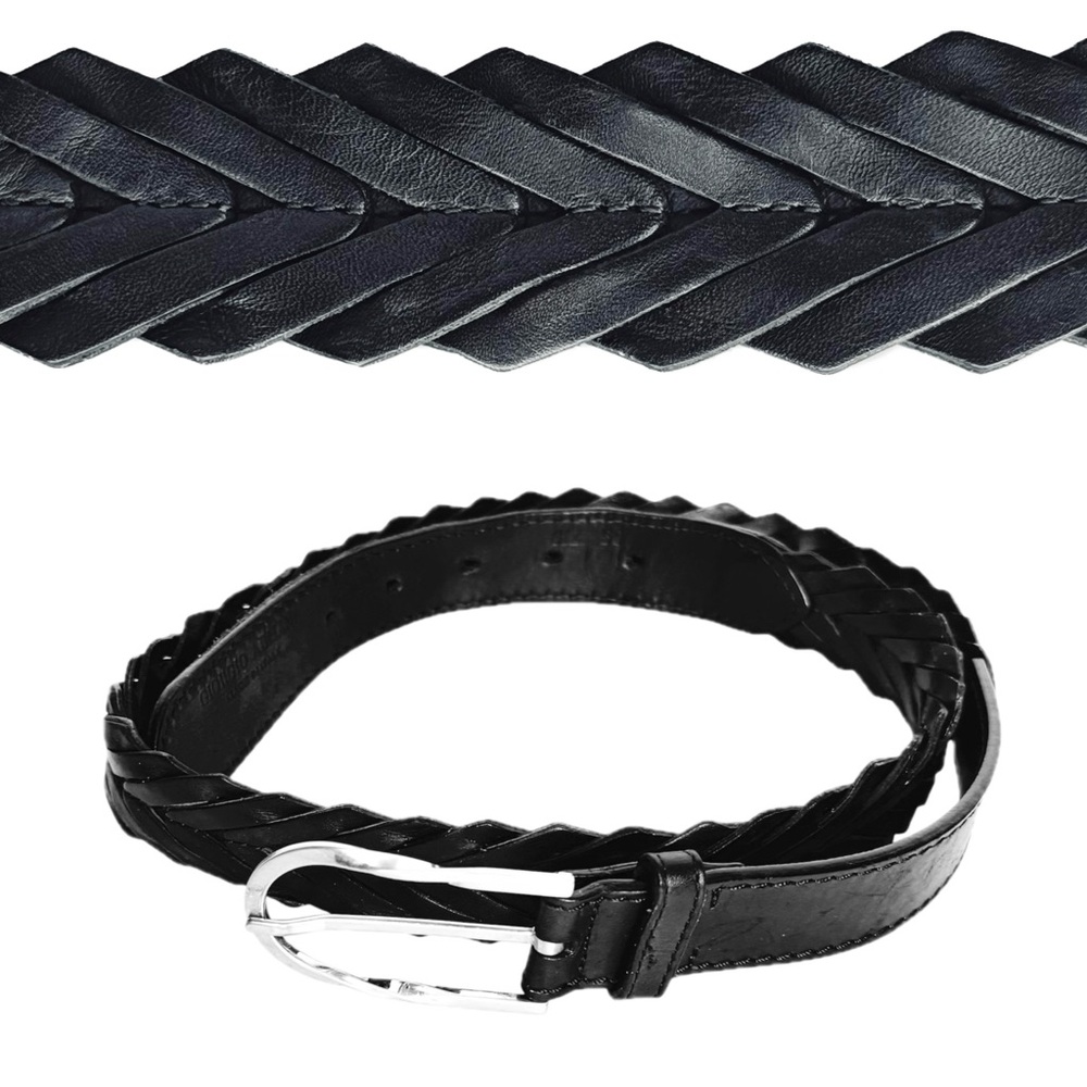 Giorgio Armani Black Braided Woven Leather Belt Silver Buckle
